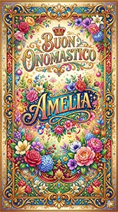 Immagine verticale colorata per gli auguri di Buon Onomastico Amelia con cornice elegante e decorazioni floreali.