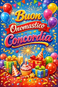 Immagine verticale colorata e festiva con la scritta Buon Onomastico Concordia, palloncini, regali e decorazioni luminose su sfondo blu.