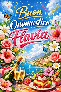 Cartolina verticale colorata e professionale con la scritta Buon Onomastico Flavia, fiori e paesaggio italiano festivo.