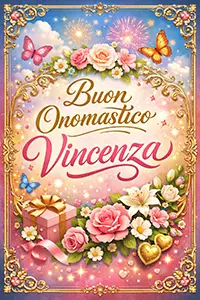 immagine verticale colorata con cornice dorata e fiori, scritta “Buon Onomastico Vincenza” in stile elegante e festivo