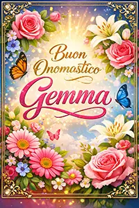 Cartolina verticale colorata e luminosa con la scritta “Buon Onomastico Gemma”, cornice dorata raffinata, fiori vivaci e farfalle su sfondo festoso.