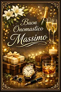 Cartolina elegante con la scritta “Buon Onomastico Massimo”, cornice dorata e decorazioni raffinate per auguri italiani