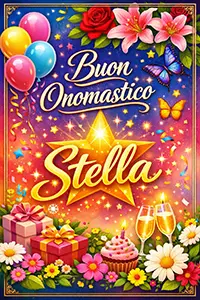 Cartolina verticale colorata e luminosa con la scritta “Buon Onomastico Stella